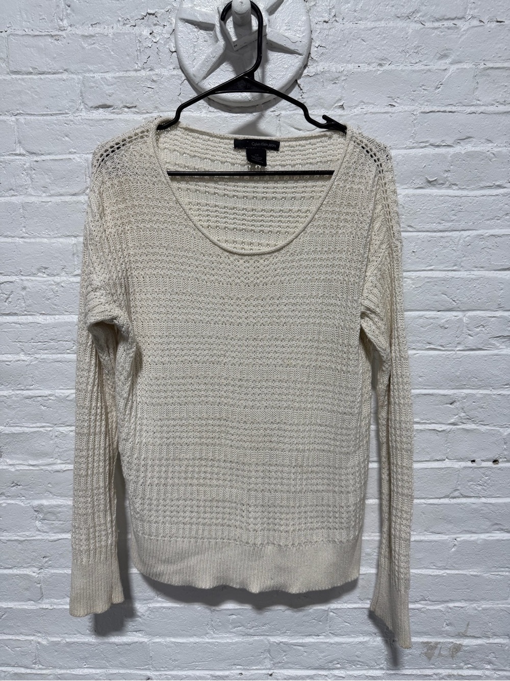 Calvin Klein Jeans Off-White Open-Knit Scoop Neck Sweater